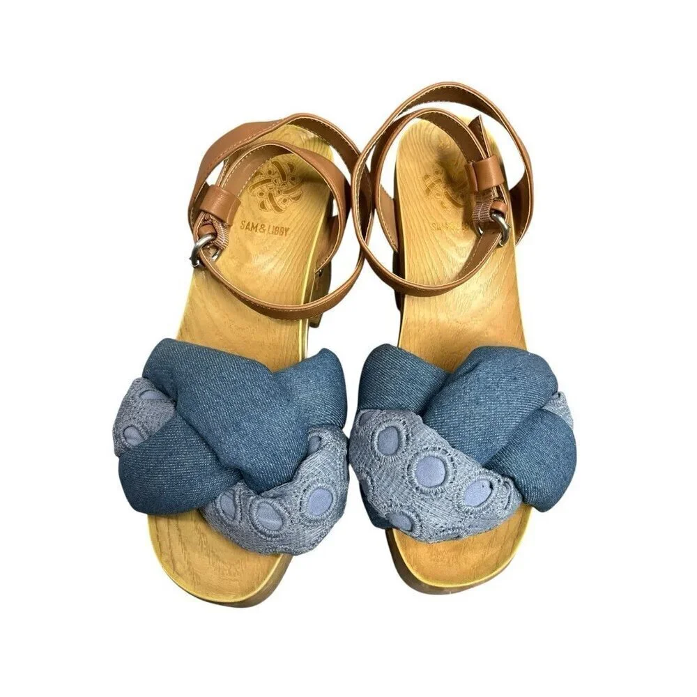 Sam & Libby Cassandra Sandal Indigo Wooden Platform Heel Women's 8.5 Y2K Style